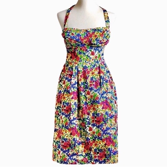 Anthropologie Girls From Savoy Floral Cotton Strapless Halter Mini Dress Size 8 - Picture 3 of 16